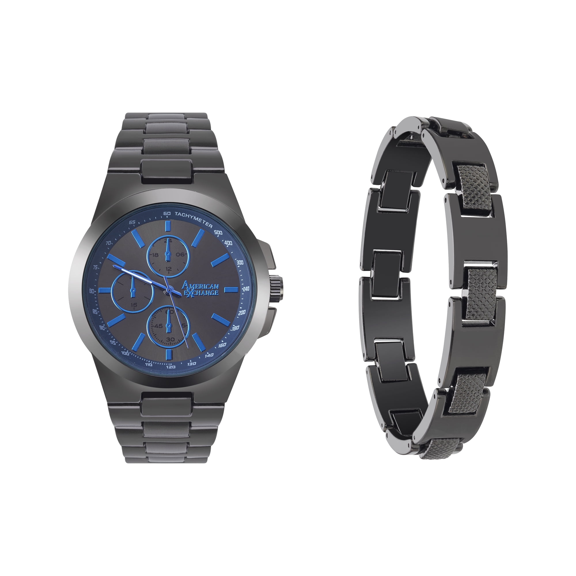 American Exchange Men s Shiny Gunmetal Metal Alloy Strap 43mm