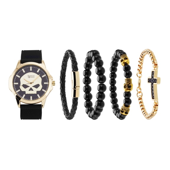 American Exchange Men's Silicone Strap Analog Watch and 4 Piece Bracelet Set, Gold/Black