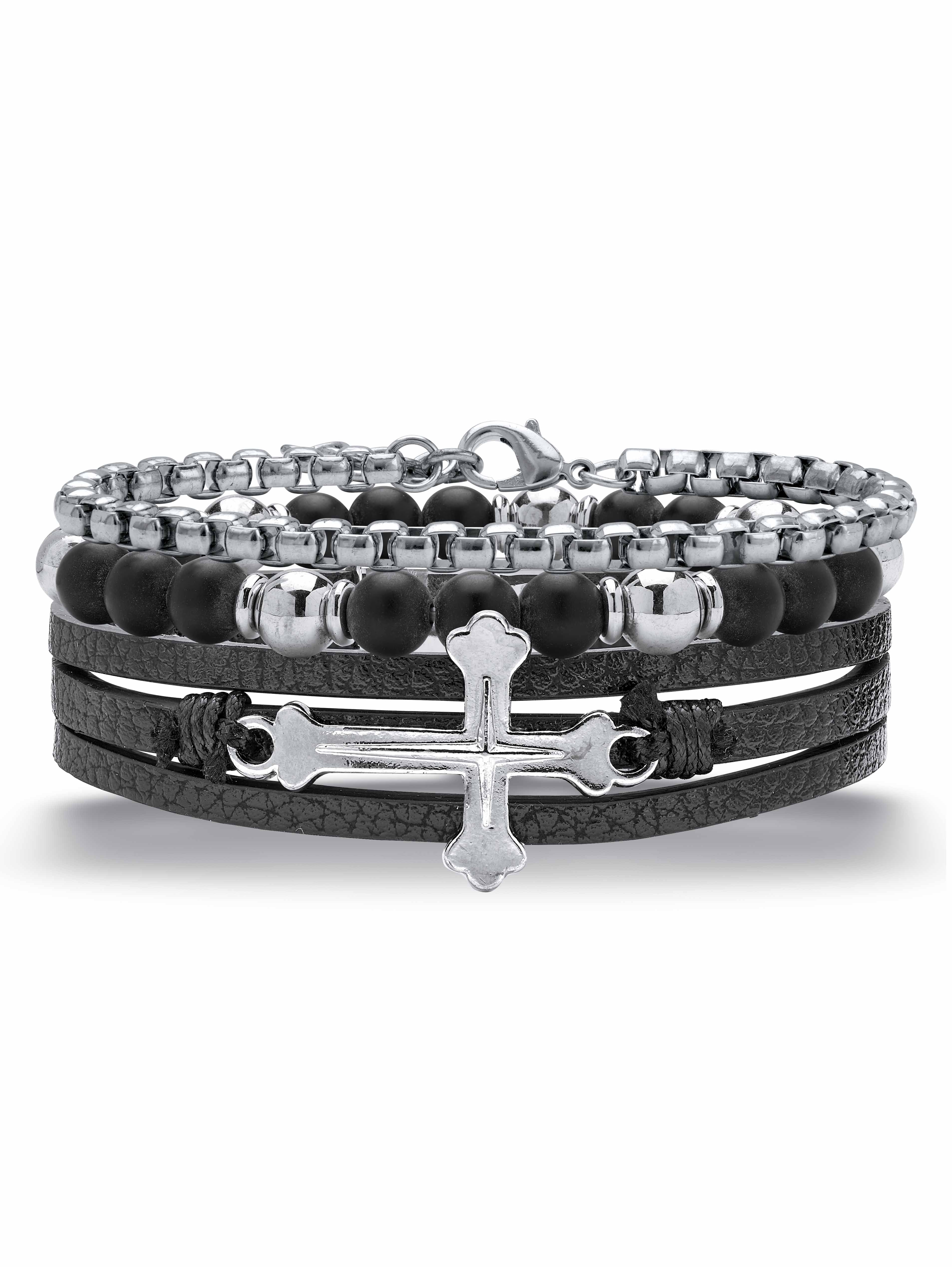 American Exchange Men's Stainless Steel Cross Leather Multi Strand Bracelet Set 8.5 Inch