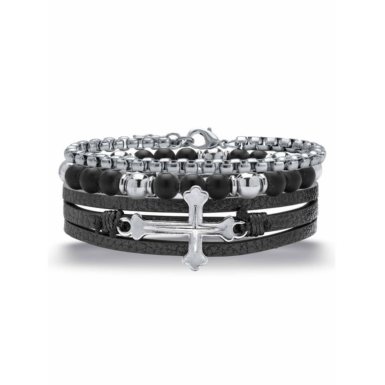 American Exchange Men's Stainless Steel Cross Leather Multi Strand