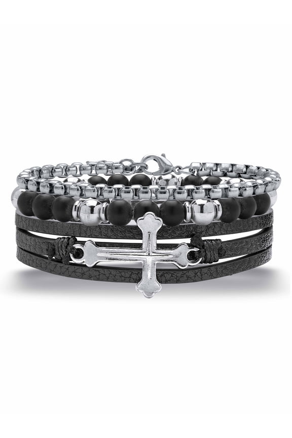 Men's Stainless Steel Cross Leather Multi Strand Bracelet Set 8.5 Inch