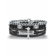 American Exchange Mens Stainless Steel Cross Leather Multi Strand Bracelet Set 8.5 Inch