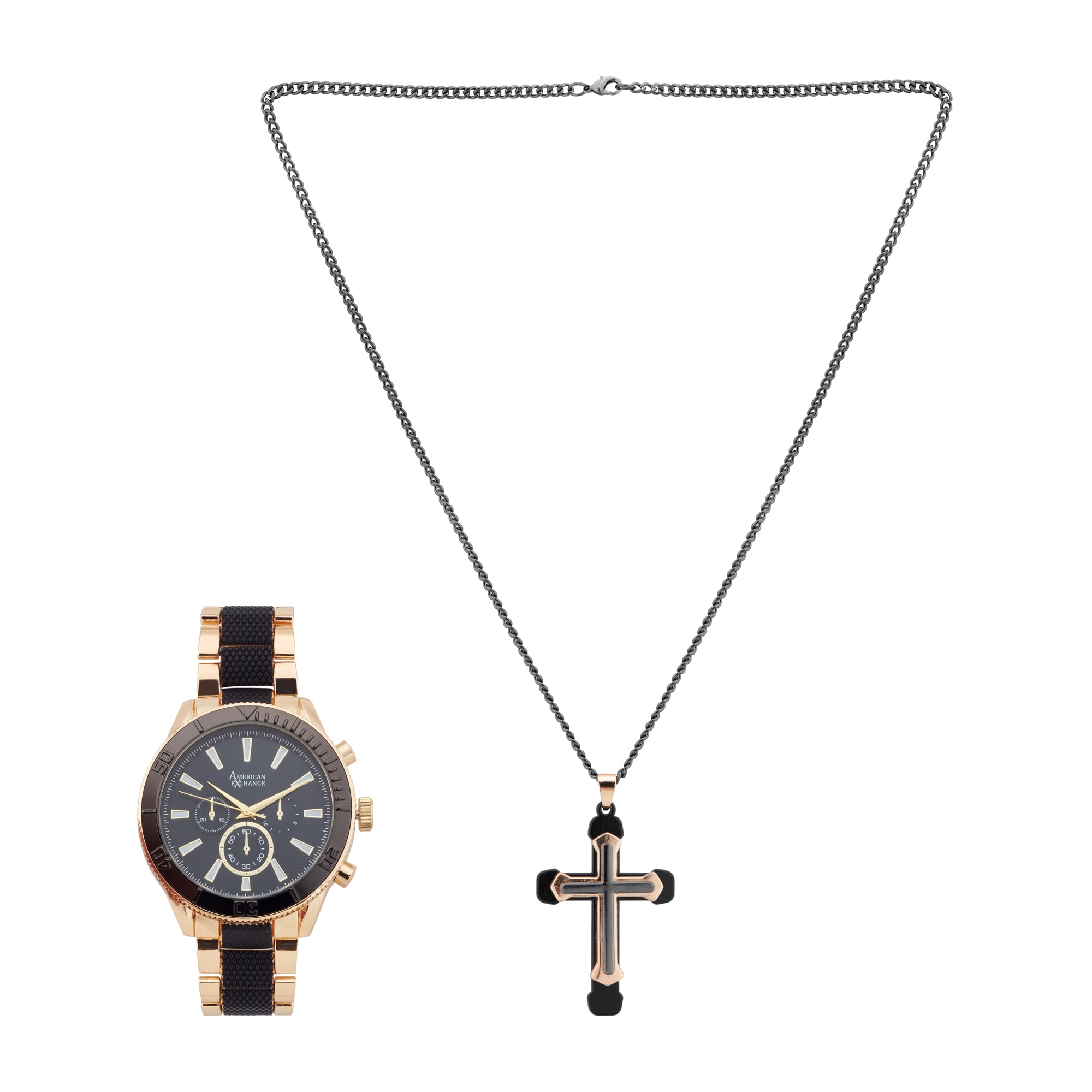 American Exchange Men s Two Tone Metal Strap 46mm Analog Watch w Cross Necklace