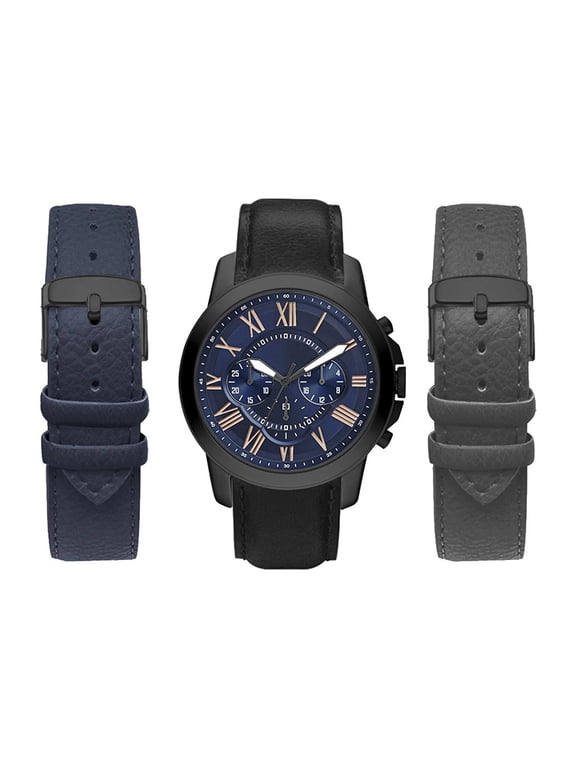 Men's Watch Analog Black with Black, Gray and Navy Interchangeable Straps Set