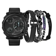 American Exchange Mens Watch Black Case, Black Strap & Assorted Stackable Bracelets