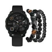 American Exchange Men's Watch Black Case, Black Strap, & Assorted Stackable Bracelets