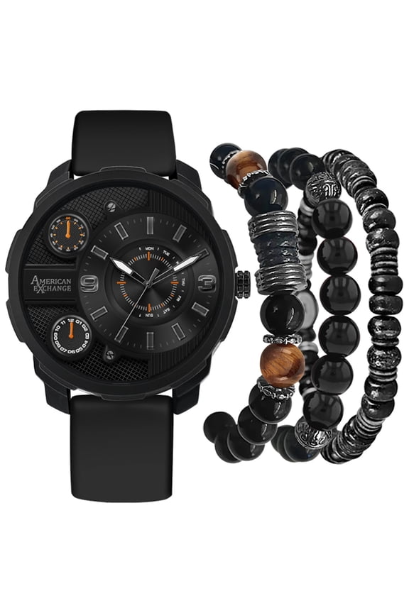 Men's Watch Black Case, Black Strap, & Assorted Stackable Bracelets