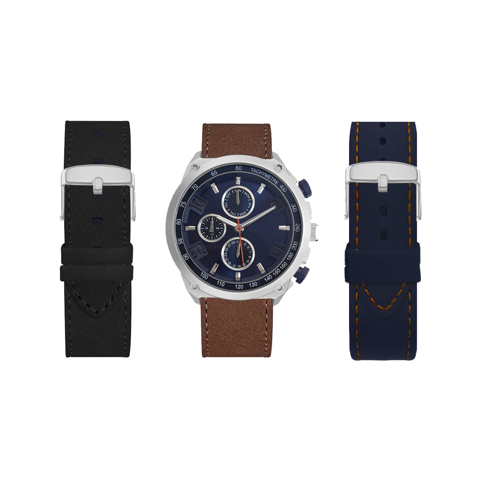 American Exchange Men s Watch Round Analog with Brown Navy and Black Interchangeable Straps Walmart