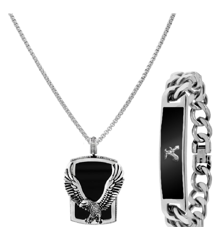 American Exchange Metal Silver Black Necklace And Bracelet Set for Men