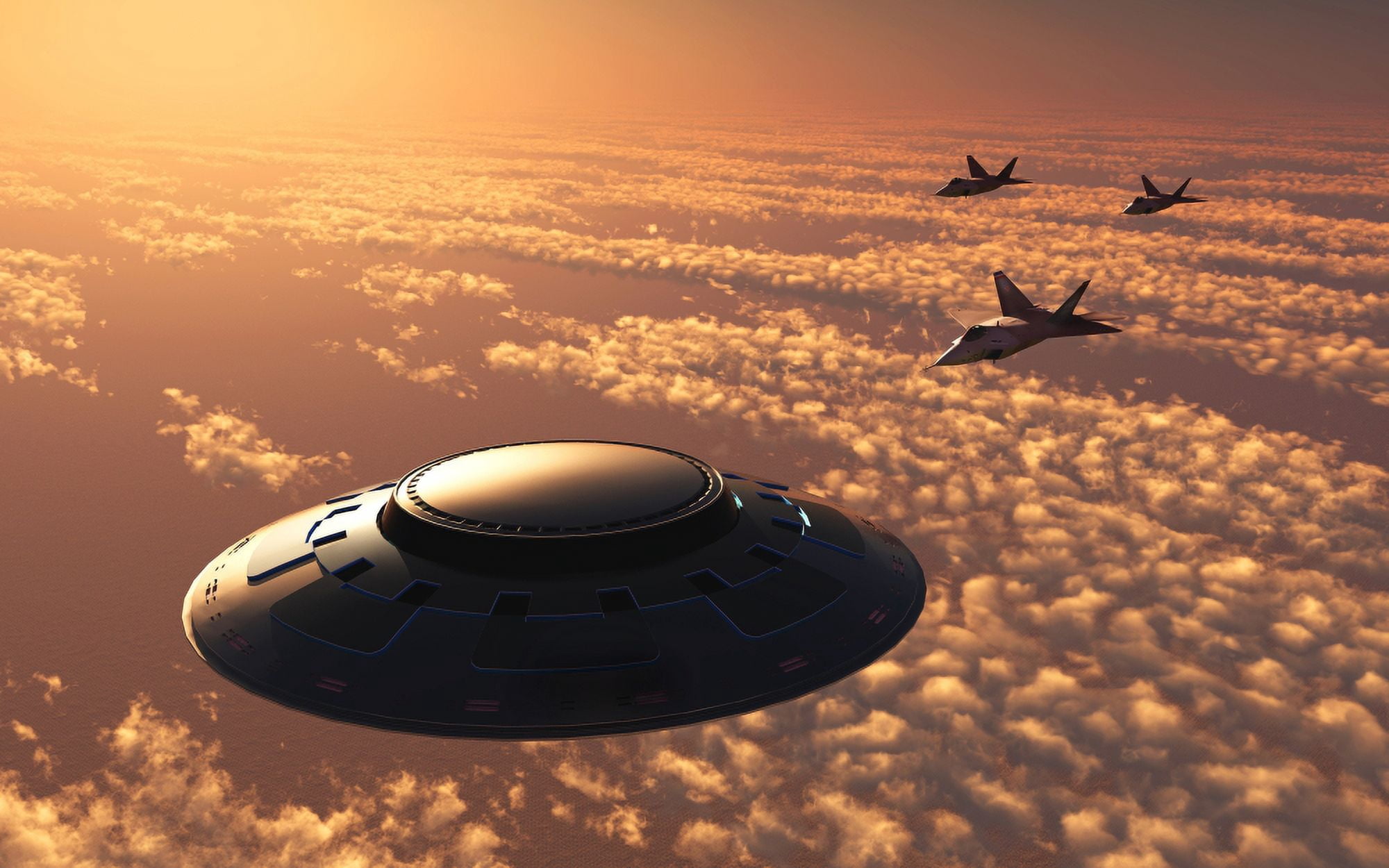 American F-22 stealth Raptor aircraft chasing a much larger UFO Canvas Art - Mark StevensonStocktrek Images (36 x 23)