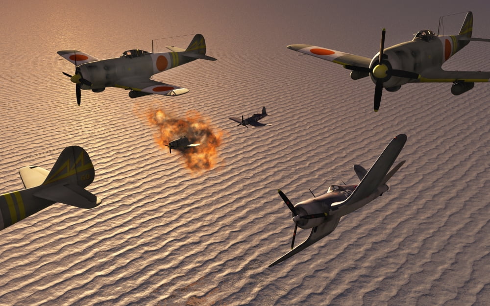 American F4U Corsair aircraft attacking Japanese Nakajima torpedo bombers Canvas Art - Mark StevensonStocktrek Images (36 x 23)