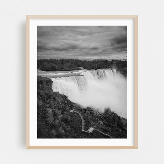 American Falls 03 B&W - Niagara Falls New York Photography Waterfall Black and White Nature Landscape Scenic Travel Poster Rustic Oak Framed Wall Art Print 18 x 24 inches