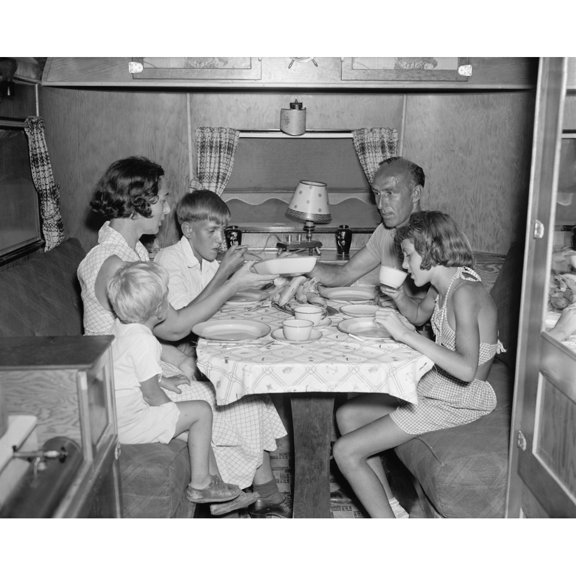American Family Dining At The Table In Their Trailer Camper. June 4 History (24 x 18)