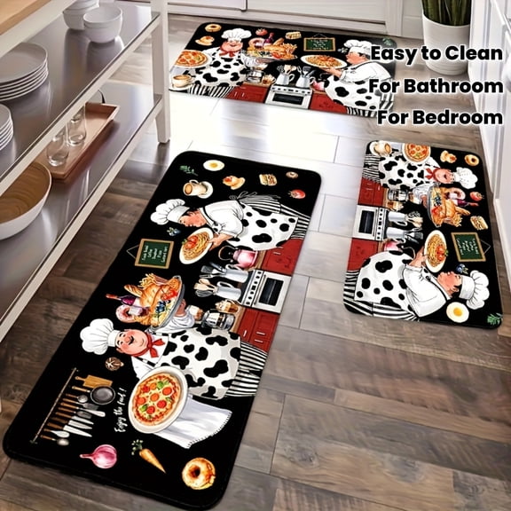 American Farm Chef Theme Kitchen Mat Set, 3-Piece Non-Slip Flannel Rug, Soft Comfortable Easy Clean, for Bathroom Bedroom Living Room Porch Laundry