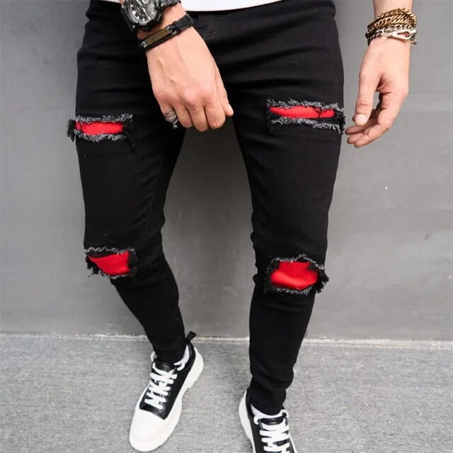 American Fashion Black Red Patchwork Men‘s Jeans High Street Korean ...
