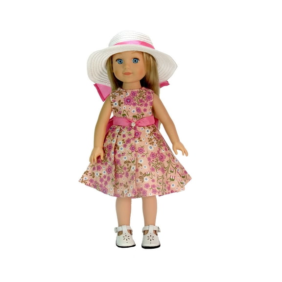 American Fashion World Pink Floral Dress with Hat Made for 14 inch Dolls