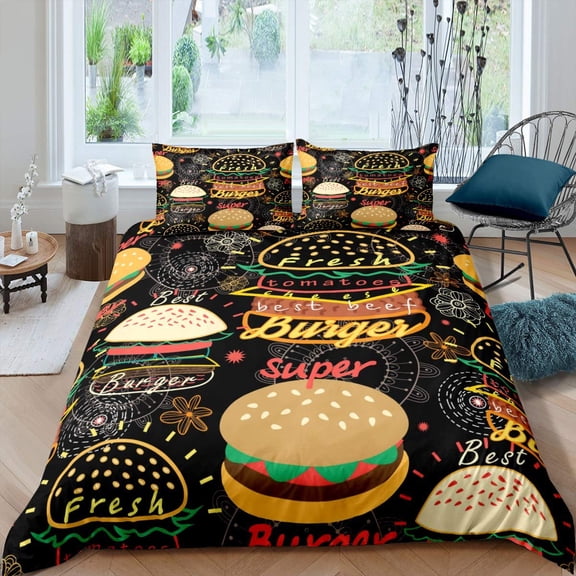 American Fast Food Duvet Cover Pizza Hotdog Hamburger Print Bedding French Fries Cartoon Style Quilt Cover for Kids Boys