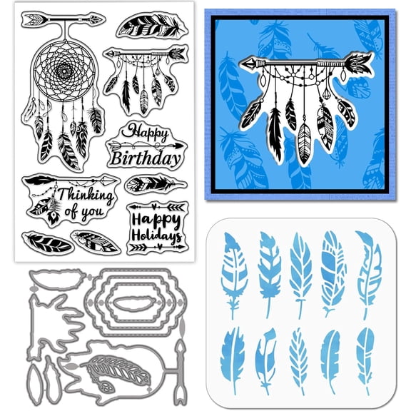 American Feathers Clear Stamps Cutting Dies PET Painting Stencils for Card Making Arrow Silicone Stamp Metal Greetings Die Cuts PET Paint Stencils for DIY Scrapbooking for DIY