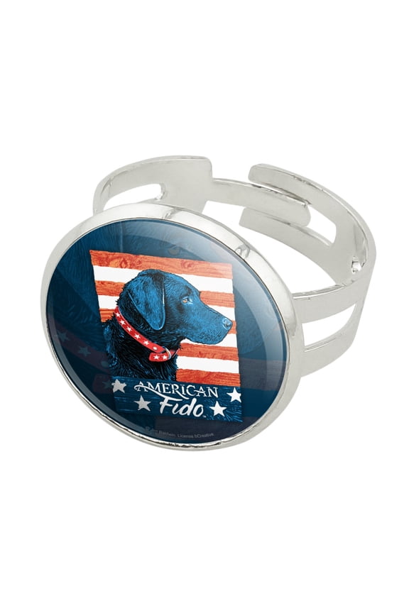 American Fido American USA Flag Lab Dog Silver Plated Adjustable Novelty Ring
