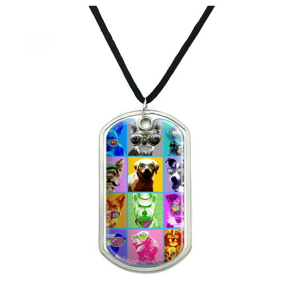 American Fido Dogs Sunglasses Rainbow Retro Vintage Military Dog Tag Pendant Necklace with Cord