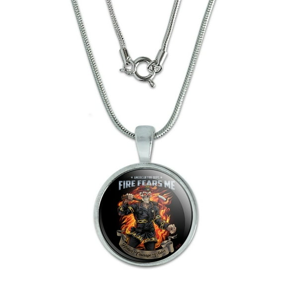 American Fire Department Firefighter Skeleton Fears Me 0.75" Pendant with Sterling Silver Plated Chain