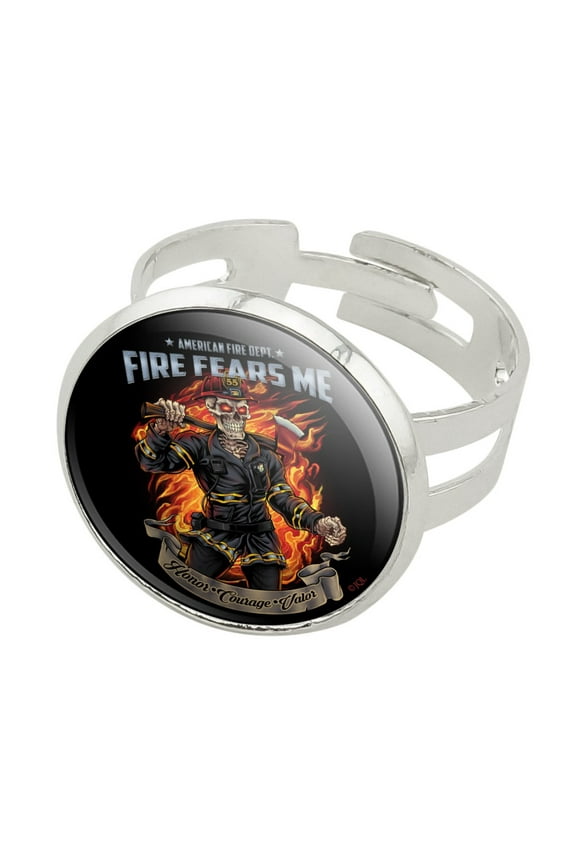American Fire Department Firefighter Skeleton Fears Me Silver Plated Adjustable Novelty Ring