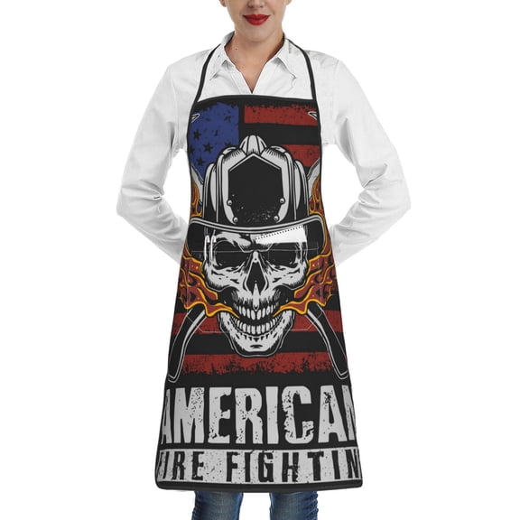 American Fire Fighter Skull Apron with Pocket Cooking Waterproof Bib Aprons for Kitchen Baking Chef Gardening BBQ