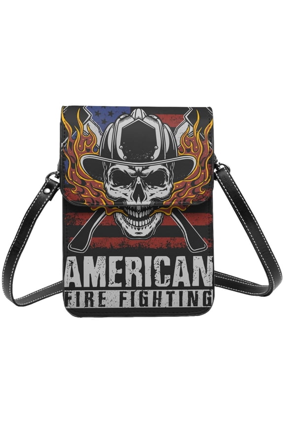 American Fire Fighter Skull Cell Phone Purse Small Crossbody Bag with Strap Credit Card Slots Leather Shoulder Wallet for Women