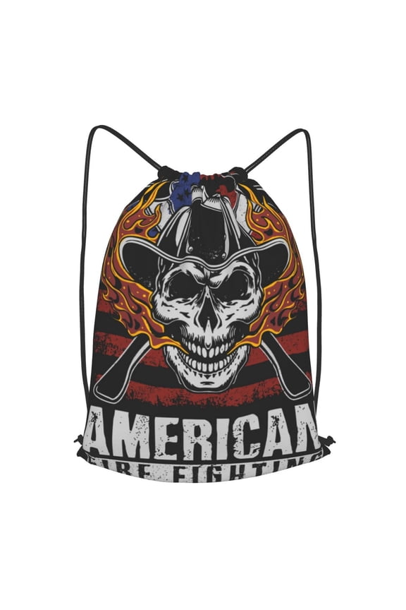 American Fire Fighter Skull Drawstring Backpack Gym String Bag Sports Sackpack Cinch Sack, Small