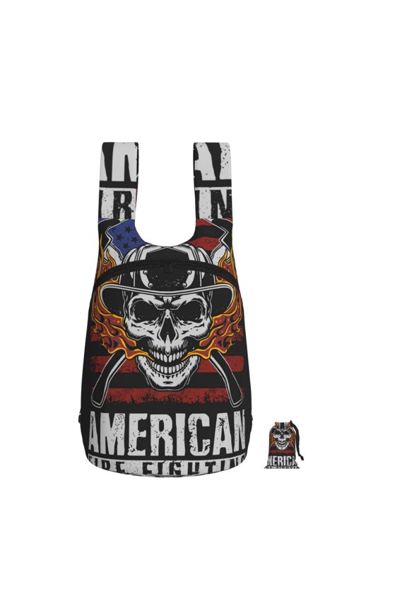 American Fire Fighter Skull Foldable Storage Backpack Lightweight Packable Travel Daypack for Shopping Commuting Hiking