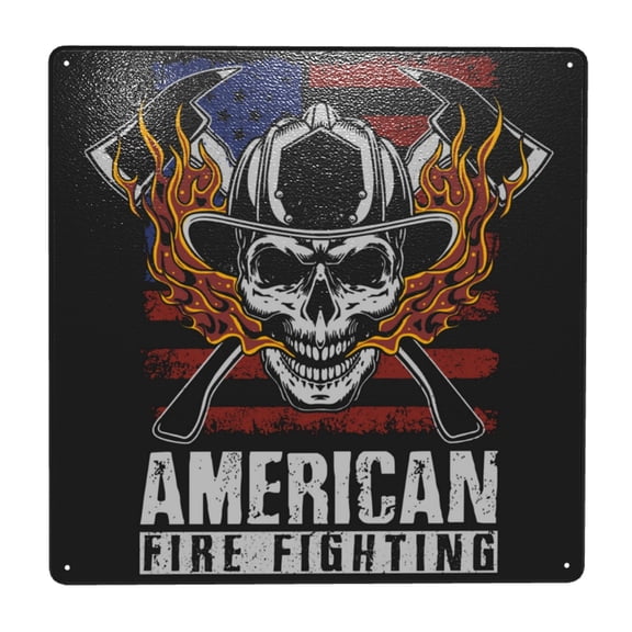 American Fire Fighter Skull Square Metal Sign 12x12 Inch Tin Sign Wall Decor Decorative Plaque for Bar, Cafe, Restaurant