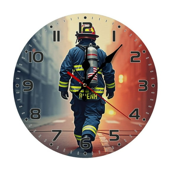 American Firefighter Wall Clock 10 Inch Silent Non Ticking Round Wooden Clock Decoration for Living Room Kitchen Bedroom Bathroom Office Classroom