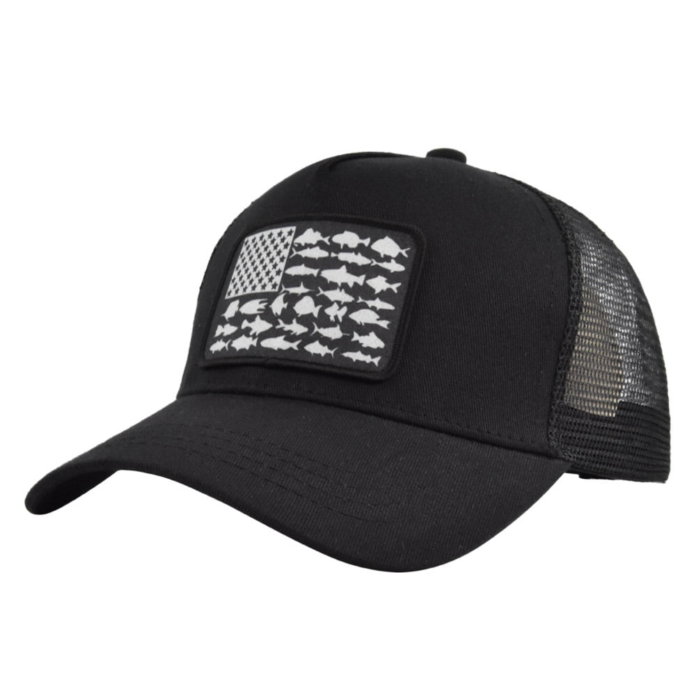 American Flag Fish Embroidered Patch Trucker Hat Mesh Fishing Baseball Caps  for Men Women Youth Adult 
