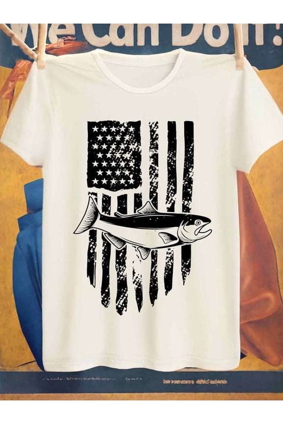 American Fish Flag fishing t-shirt t shirts men 180G 100% Cotton white For summer Casual Daily Wear summer and spring season Regular fit, casual wear for all seasons, ideal for gifts for 60 year old