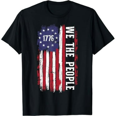 American Flag 1776 We the People for Independence Day T-shirt, Black // White, Small Size