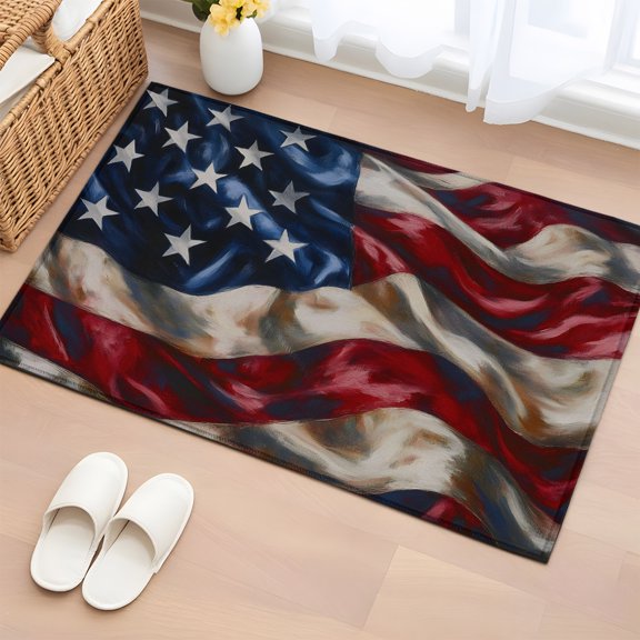 American Flag 2'x3' Rug for Entryway Front Door Kitchen Sink Area, Independence Day Stars Stripes Ripples Low Pile Washable Non Slip Rectangle Area Rug