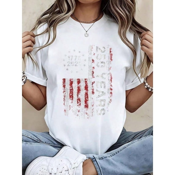 American Flag 250 Years Independence Day 2026 Patriotic T-Shirt For Women | White 100% Cotton Crew Neck Short Sleeve | Celebrate USA dom Holiday Graphic Tee | Casual Summer Top | Sizes S-XXXL