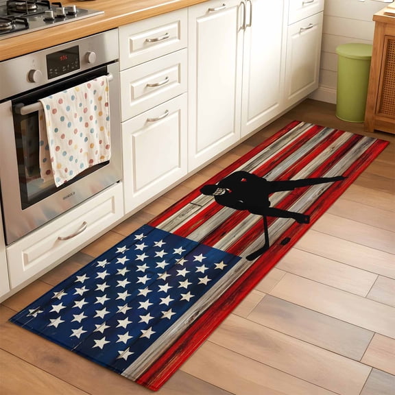 American Flag 2x6 Runner Rug for Hallway Walkway Kitchen Galley, Blue Red USA Flag Retro Hockey Star Wood Grain Low Pile Washable Non Slip Long Area Rug