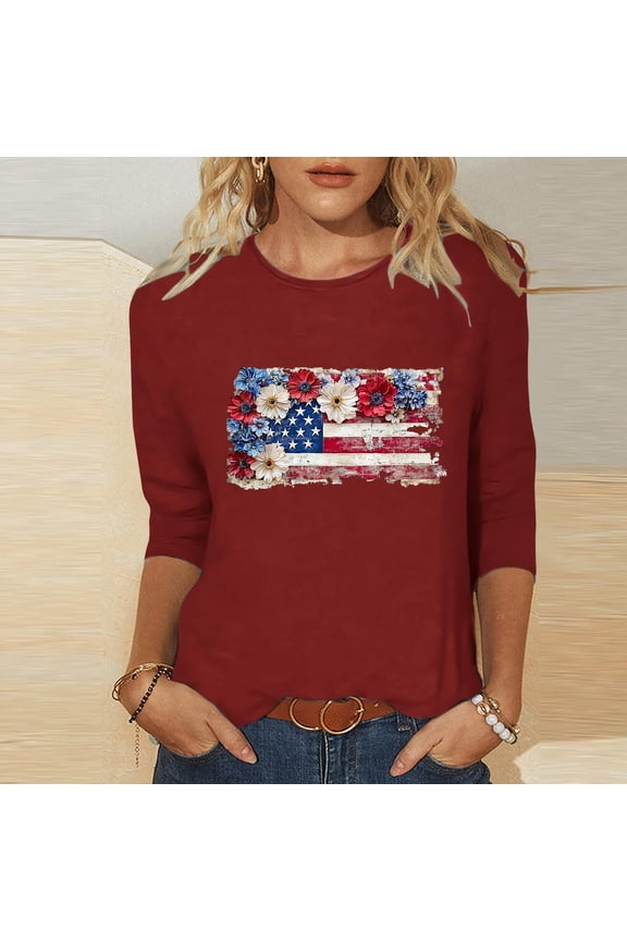 American Flag 3/4 Sleeve Crewneck Shirt for Women 4th of July Independence Day Graphic Tee Summer Patriotic Tops