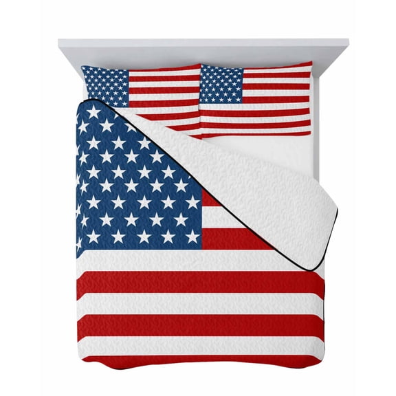 American Flag 3 Piece Quilt Set Queen Size, Blue Red Star Striped Patriotic Soft Bedspread Coverlet Bedding Set Microfiber Lightweight Comforter Set with 2 Pillowcases for Bedroom