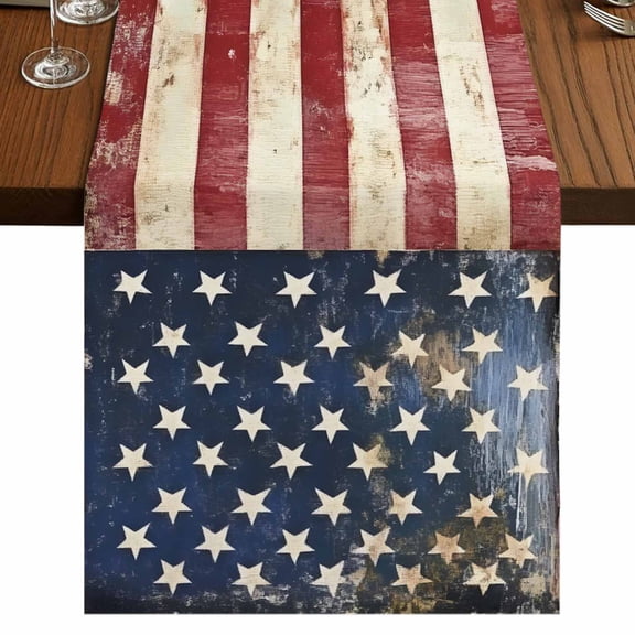 American Flag 36 Inch Table Runner, Vintage Blue Red USA Flag Retro Farmhouse Dresser Scarf Cotton & Linen Tablerunner for Dining/Kitchen Island/Holiday Party Décor Small 13" x 36"