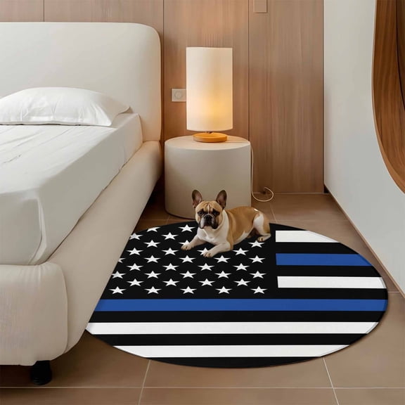 American Flag 3ft Round Rug for Bathroom Accent Bedside Corner, Retro USA Flag Blue Line Black White Striped Washable Non Slip Circle Area Rug for Small Spaces