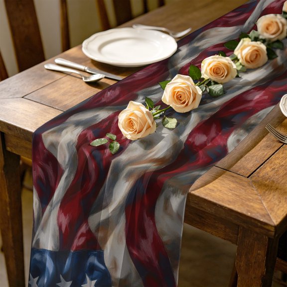 American Flag 4.5 ft Cheesecloth Table Runner for Wedding 19"x55", Independence Day Stars Stripes Ripples Kitchen Dinner Sheer Tulle Chiffon Dresser Scarf, Holiday Party Decorations