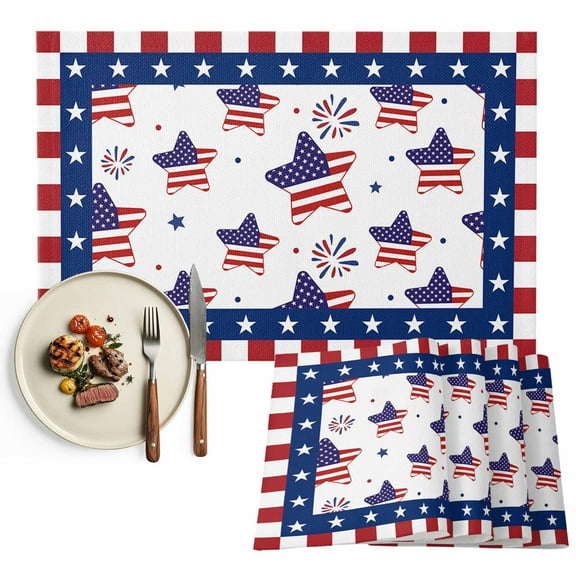 American Flag 4th of July Placemats Set of 4, Red White Blue Striped Table Mats Washable Heat-Resistant Non-Slip Place Mats for Kitchen Dinner Table Indoor Outdoor Decor,13x19 Inch