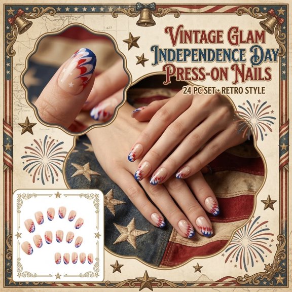 American Flag 4th of July Press On Nails False Nails Holiday Nails 24Pcs Medium Square Glossy Stick on Nails with Star Stripes Design Easy Apply Reusable Glue on Nails for Celebrations