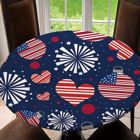 American Flag 4th of July Round Fitted Tablecloth with Elastic Protector Table Cloth Kitchen Dinner Waterproof Oil-Proof Table Covers, Tablecloth Size 60"(Fit for 48.2"-52.1" Table), Type 30