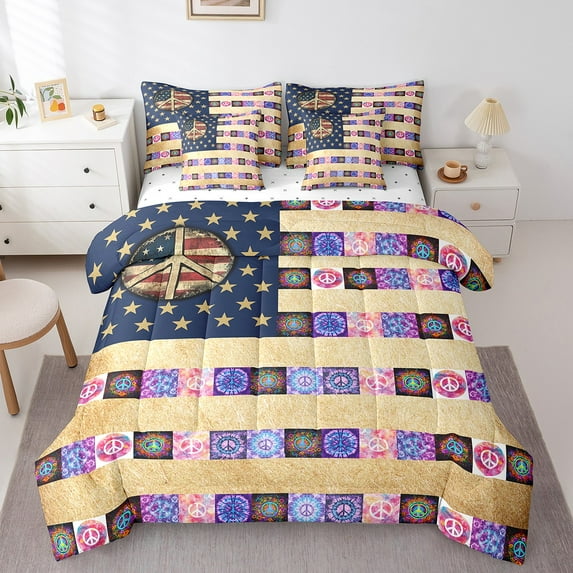 American Flag 7Pcs Comforter Set Twin Size,Peace Sign Bedding Set,Vintage Brown Striped Patchwork Fitted Flat Sheet Teens Adult,Tie-dye Peace Art 2 Throw Pillow Covers,2 Pillowcases