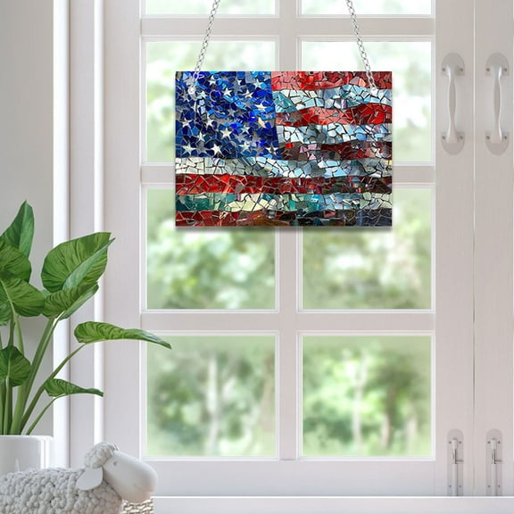 American Flag Acrylic Stained Glass Window Hanging Decor Patriotic Blue, White Red Flag Pattern Sun Catchers 4th of July Independence Day Ornaments with Metal Chain Vintage Colored Window Decor