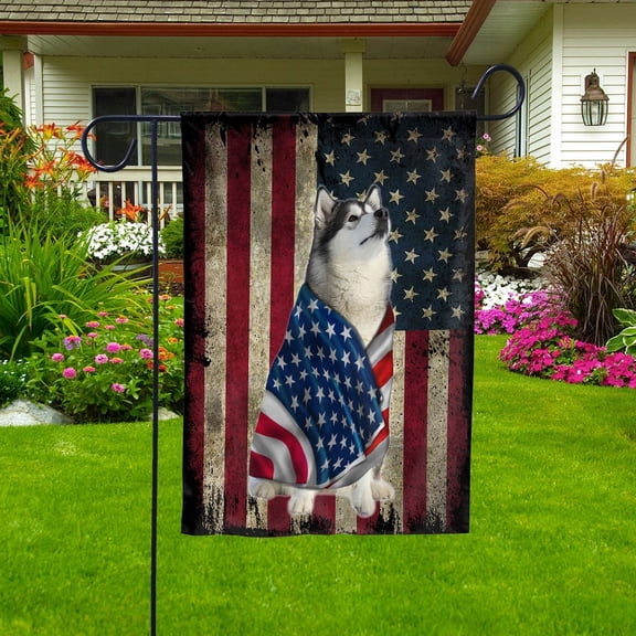 American Flag with Alaskan Dog stand under the cross Patriot Patriotic 4th of july Garden Flag, Double-Sided Decorative Outdoor Flag, Patriotic Polyester Yard Flag 12 x 18 in