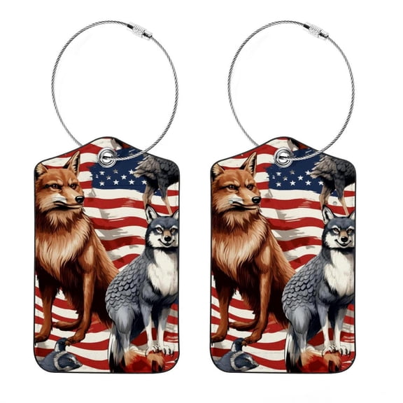 American Flag and Animals Luggage Tag, Travel Tags, Handbag Tag - Square PU Leather 2 Pack with Privacy Cover and Stainless Steel Ring - Suitable for Travel, Backpack, Handbag [Amazon Approved]